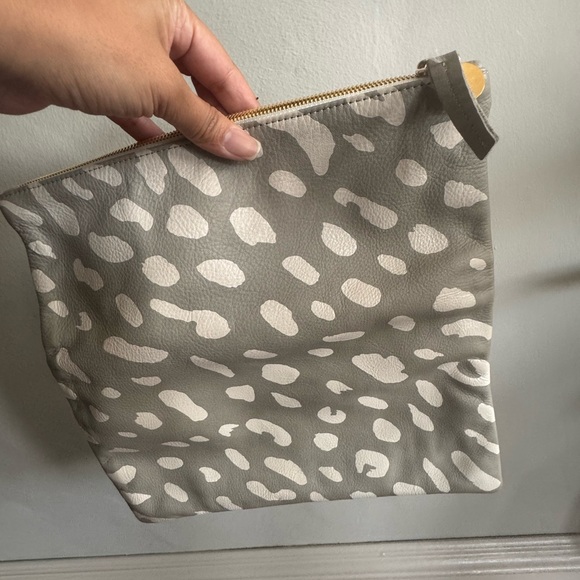Clare V. Gray and Cream Leather Jaguar Leopard Patterned Clutch